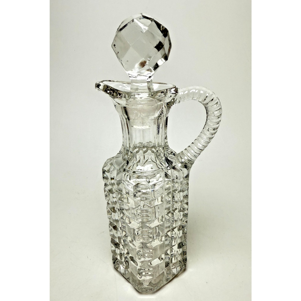 Vintage EAPG Glass Cruet Block Pattern Faceted Stopper Twisted Handle Crystal